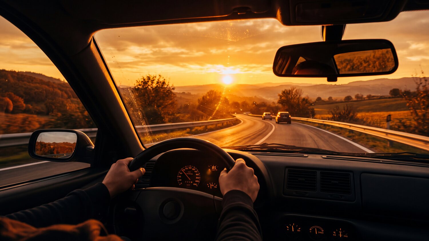 Veduta dall’abitacolo di un’auto in corsa su una strada extraurbana al tramonto: il sole basso davanti al parabrezza illumina la carreggiata, le mani sul volante e il cruscotto restano in ombra.