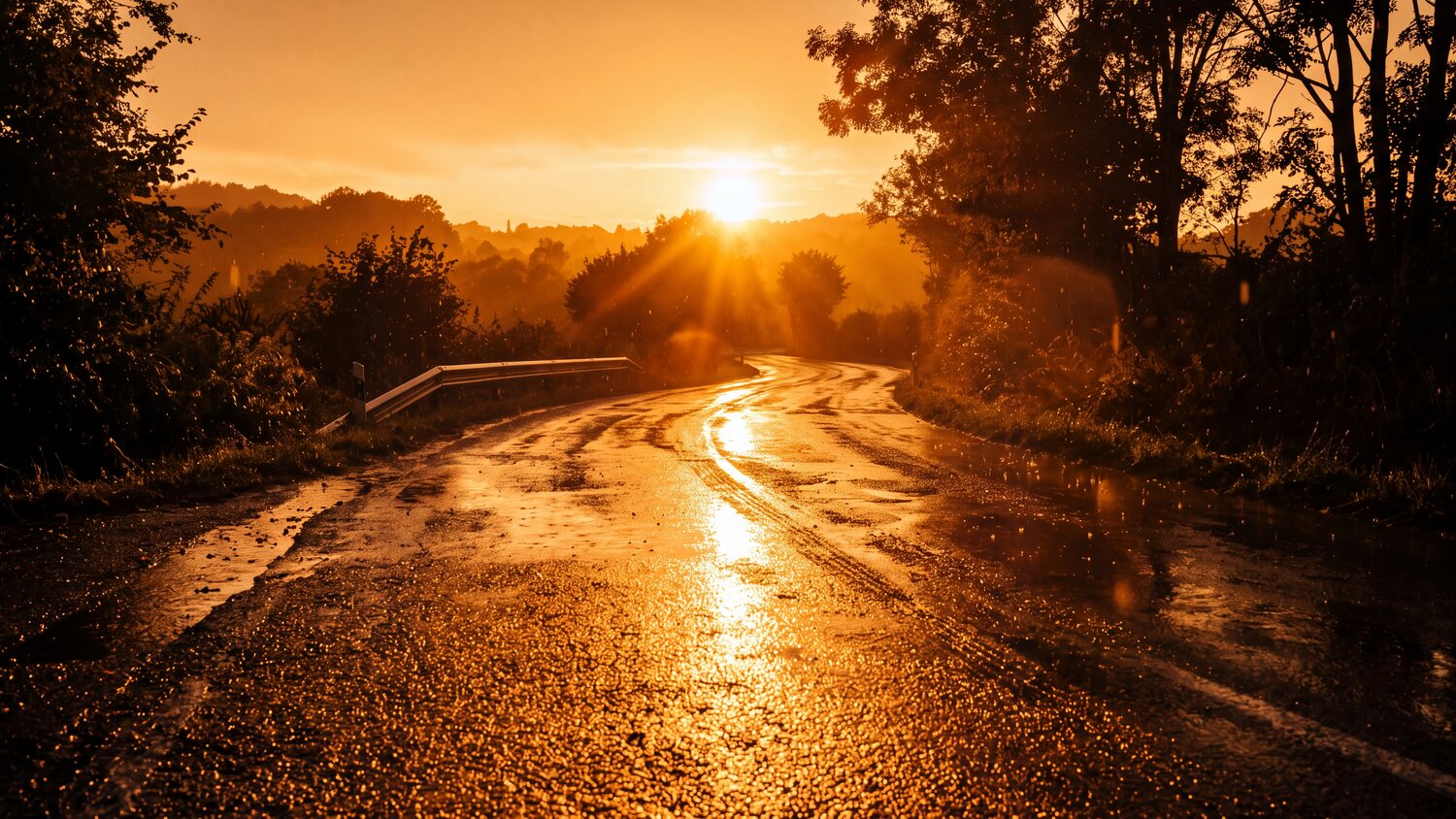 Strada extraurbana subito dopo la pioggia: l’asfalto bagnato rimanda il riflesso del sole basso in una striscia di luce lunga quanto la carreggiata.