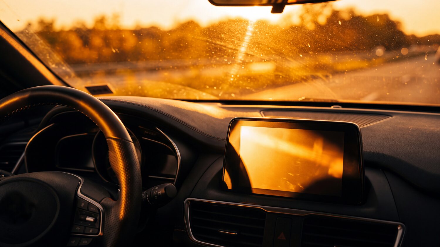 Interno di un’auto in controluce: lo schermo di bordo resta in ombra mentre un riflesso di luce calda ne copre la superficie e ne nasconde il contenuto.